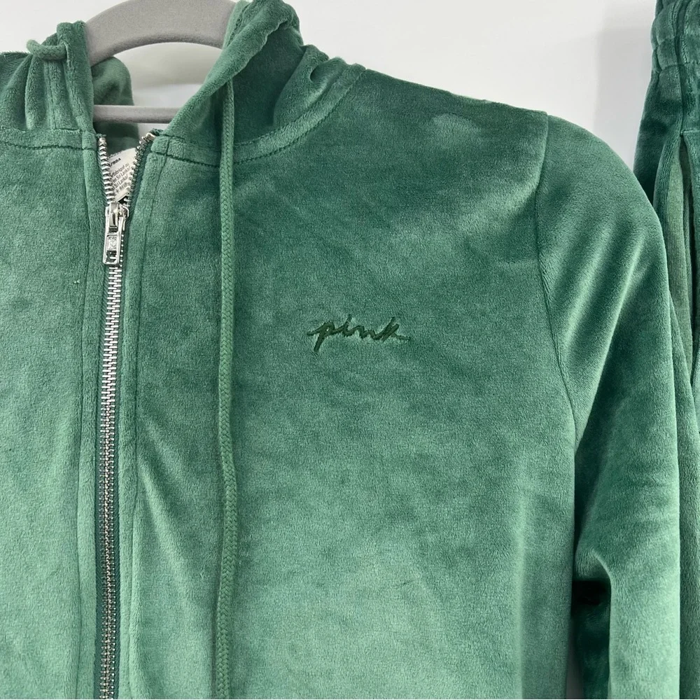 PINK Victoria’s Secret Velour Tracksuit Set Green Hoodie Pants Small Y2K
